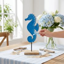 Artículo Decoración de mesa de madera con caballito de mar decorativo azul natural H28cm