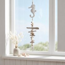 Artículo Guirnalda de decoración marítima con conchas de madera a la deriva, caballito de mar blanco, 55 cm