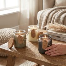 Artículo Velas perfumadas en vidrio con tapa de corcho de sándalo Al.9cm 3ud