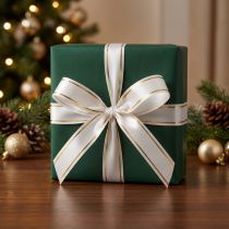 Artículo Cinta de regalo 2 franjas doradas sobre blanco 19mm 100m