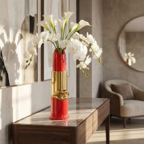 Artículo Jarrón decorativo con diseño de pintalabios para flores artificiales de tallo largo, 38 cm.
