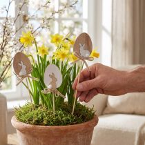 Artículo Tapón floral decoración de Pascua huevo de madera con conejito natural 5×7cm 12 piezas
