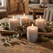 Artículo Velas de color liso, gris claro, velas de pilar de 70×80 mm, 4 piezas, decoración rústica para el hogar y el jardín.