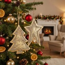 Artículo Colgantes de metal abeto y estrella, adornos para árboles de Navidad, decoración navideña dorada, aspecto antiguo H15.5 / 17cm 4 piezas