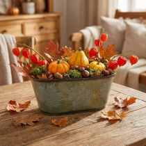 Artículo Macetero para otoño, decoración de metal con decoración de hojas verde L38cm H15cm