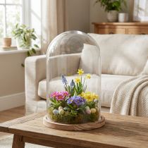 Artículo Campana de cristal con placa de madera decoración de cristal Ø17cm H25cm