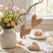 Artículo Corazones para colgar decoración de cáñamo y rafia natural H10,5cm 8 uds