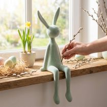Artículo Conejo de Pascua sentado en un estante, flocado, gris verdoso, 56 cm