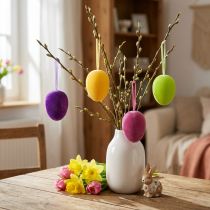 Artículo Huevos de Pascua decorativos para colgar flocados de colores Al. 8 cm 8 piezas