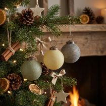 Artículo Adornos navideños de cristal, flocados, amarillo/verde/gris, Ø6 cm, 3 unidades