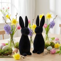 Artículo Conejito de Pascua negro decorativo, flocado, 29,5 cm de alto, 2 piezas