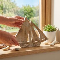 Artículo Velero de madera, decoración marinera, barco de madera color natural, blanco H23cm