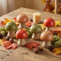 Artículo Setas de madera, decoración otoñal, setas verdes, rojas y naranjas, 6,5 cm de alto, 9 unidades