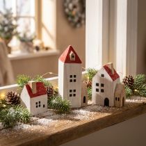 Artículo Conjunto de casita decorativa de madera, roja y blanca, decoración invernal de varias piezas, 13 cm, 6 piezas
