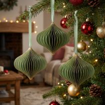 Artículo Adornos navideños vintage, papel verde y dorado, Ø8cm, juego de 4