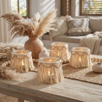 Artículo Farol Vidrio Flecos Macrame Crema Boho Ø9.5cm 4ud