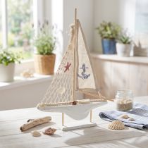 Artículo Decoración velero madera pino sobre base blanco natural H39cm