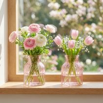 Artículo Jarrón de cristal para flores, estilo retro, color rosa, Ø11cm, H14.5cm, 2 piezas