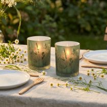 Artículo Farol decorativo de cristal con motivo prado verde y blanco Al. 12,5 cm 2 piezas