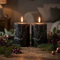 Artículo Velas de pilar negras, teñidas en su totalidad, 85 x 120 mm, juego de 2, decoración de mesa rústica