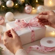 Artículo Cinta Cinta de regalo de Navidad estampado de estrellas rosa 15mm 20m