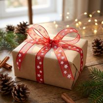 Artículo Cinta de organza con estampado de estrellas rojo 10mm 20m