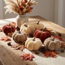 Artículo Decoraciones de calabazas, calabazas de tela, amarillo, beige, marrón rojizo, Ø7cm, 9 piezas