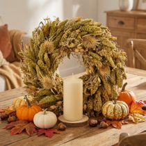 Artículo Corona decorativa seca con cardos y mijo en verde oliva amarillento, estilo rústico natural, Ø28cm, decoración versátil para pared y mesa.