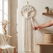 Artículo Atrapasueños de macramé Árbol de la Vida Colgante de Pared Decoración Boho Ø28cm H92cm Blanco Natural