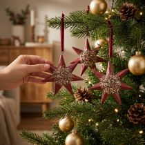 Artículo Colgante navideño estrella decorativa para colgar Burdeos 4 piezas