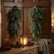 Artículo Ramas artificiales de Navidad para colgar, decoración de ramas de abeto, ramas de ciprés con piñas, corona de puerta, decoración de pared, decoración de ventana, plástico, duradero, 60 cm
