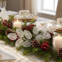 Artículo Decoración de invierno, hojas decorativas, rama artificial brillo blanco L36cm 10p