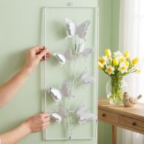 Artículo Arte colgante de mariposa Primavera Metal Arte de pared Shabby Chic Blanco Plata H47.5cm