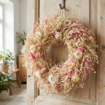 Artículo Corona decorativa, corona de avena, corona natural, siemprevivas, rosa, Ø29cm