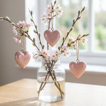 Artículo Percha decorativa madera corazones de madera decoración rosa claro brillante 6cm 8 piezas