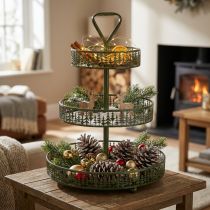 Artículo Soporte metálico escalonado para servir, verde, tres niveles, decoración de abeto, redondo, 49 cm