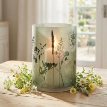Artículo Farol grande de cristal decorativo con motivo prado blanco y verde Al. 24 cm