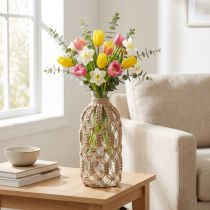 Artículo Jarrón decorativo de cristal con botella de macramé yute natural Ø10,5cm H26cm
