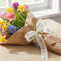 Artículo Cinta de regalo con estampado floral Bellis para manualidades y embalaje, 25 mm x 20 m