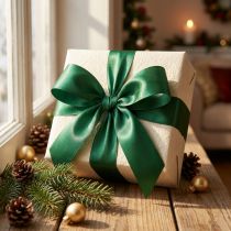 Artículo Cinta de regalo de tafetán, cinta decorativa verde oscuro, 25 mm × 50 m