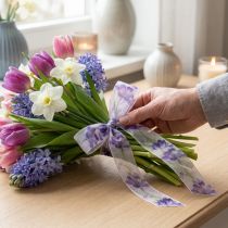 Artículo Cinta de organza, cinta de gasa, tulipanes loro, morado, 40 mm, 18 m