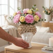 Artículo Jarrón de cerámica con forma de cabeza y rosas, color blanco y marrón, Ø19 cm, alto 2,5 cm