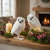 Artículo Búho nival decorativo blanco con pelaje y plumas, 15,5 cm, 2 unidades