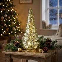 Artículo Árbol de Navidad con iluminación LED vintage verde dorado 38cm