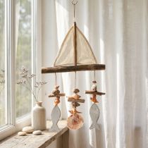Artículo Carillón de viento de madera Velero con pez Blanco H56cm