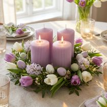 Artículo Juego de 4 velas de pilar, velas decorativas ranuradas, 70/130 mm en color lila, para decoraciones de mesa, coronas de Adviento y arreglos primaverales.