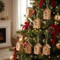 Artículo Adornos navideños decorativos de madera marrón rojizo para casa, 9 piezas