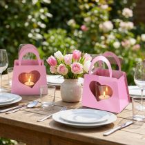 Artículo Farol de metal con inserto de cristal, bolsa rosa, 18 cm de alto, 2 unidades