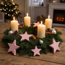 Artículo Estrellas de madera decoración estrellas decoración navideña rosa brillo Ø5cm 8 piezas