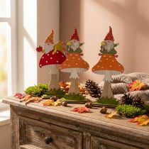Artículo Amanita muscaria para otoño, decoración de madera, gnomo en seta naranja / rojo H21 / 19.5cm 4ud